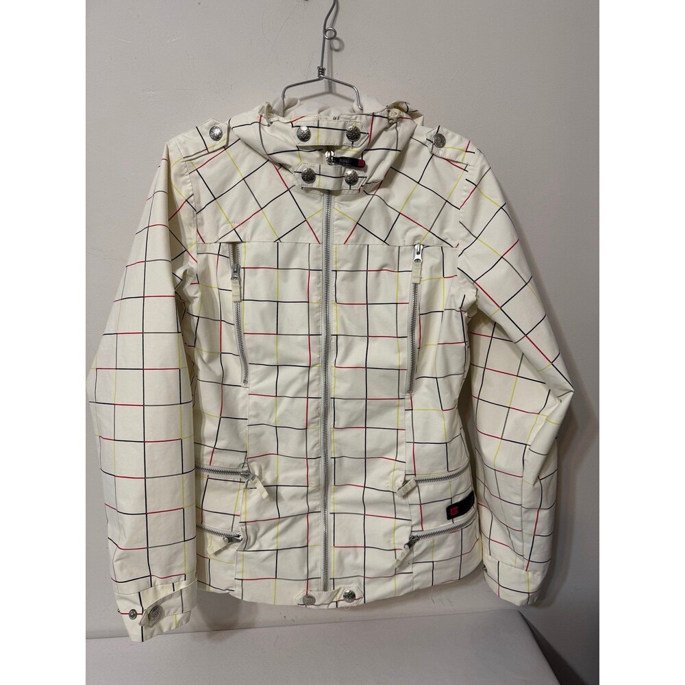 Burton White Plaid Zip-Up Hooded Snowboarding/Ski Jacket medium